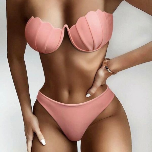 Shell Solid Bikinis Hard Pack Underwire Sexy Bikini 2021 New Arrival Strapless Mid Waist Swimsuit Pink Swimwear Women - Takalr