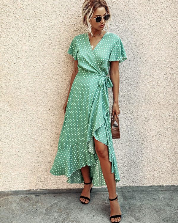 Summer Maxi Dress Women Polka Dot Sexy V Neck Ruffles Short Sleeve Holiday Long Beach Sundress Ladies Lace Up Wrap Party Dresses - Takalr