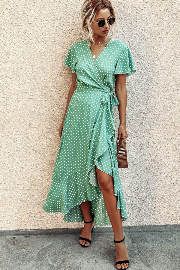 Summer Maxi Dress Women Polka Dot Sexy V Neck Ruffles Short Sleeve Holiday Long Beach Sundress Ladies Lace Up Wrap Party Dresses - Takalr