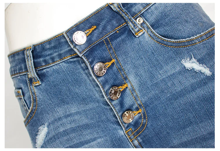 Ripped Mid-waist Stretch Jeans Women's Trousers Pencil Pants Split Hem Destroy Jeans - Image 9