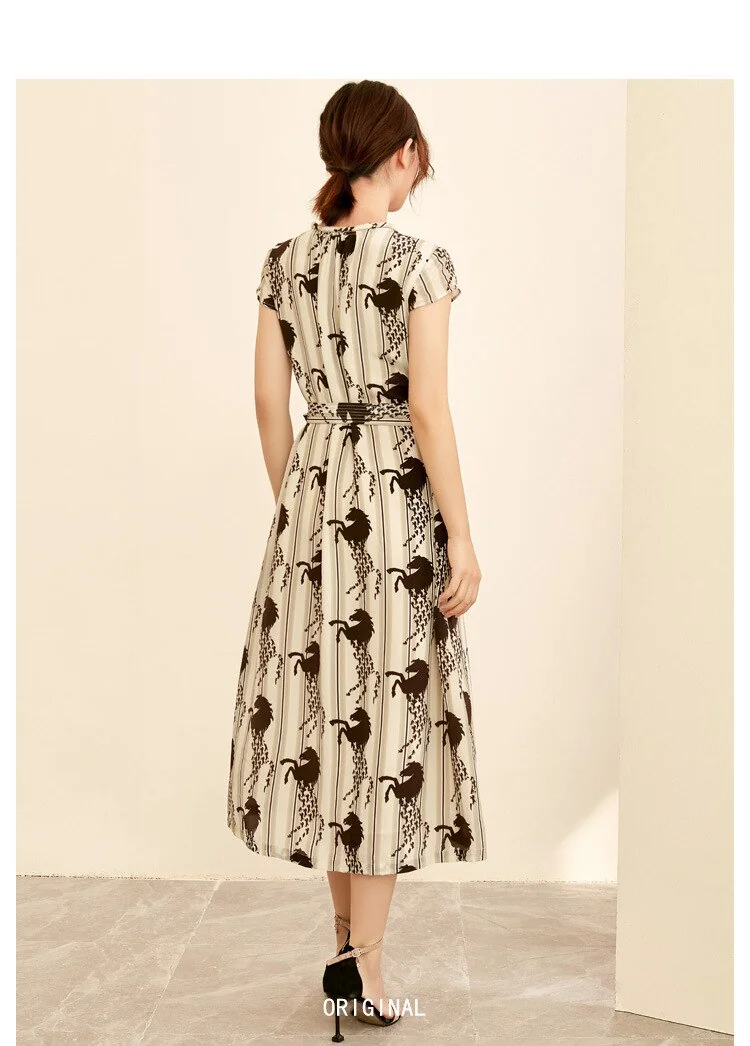 100% Silk Women's Dress O Neck Short Sleeves Sash Belt Animals Printed Fashion Casual Mid Runway Dresses - Image 6