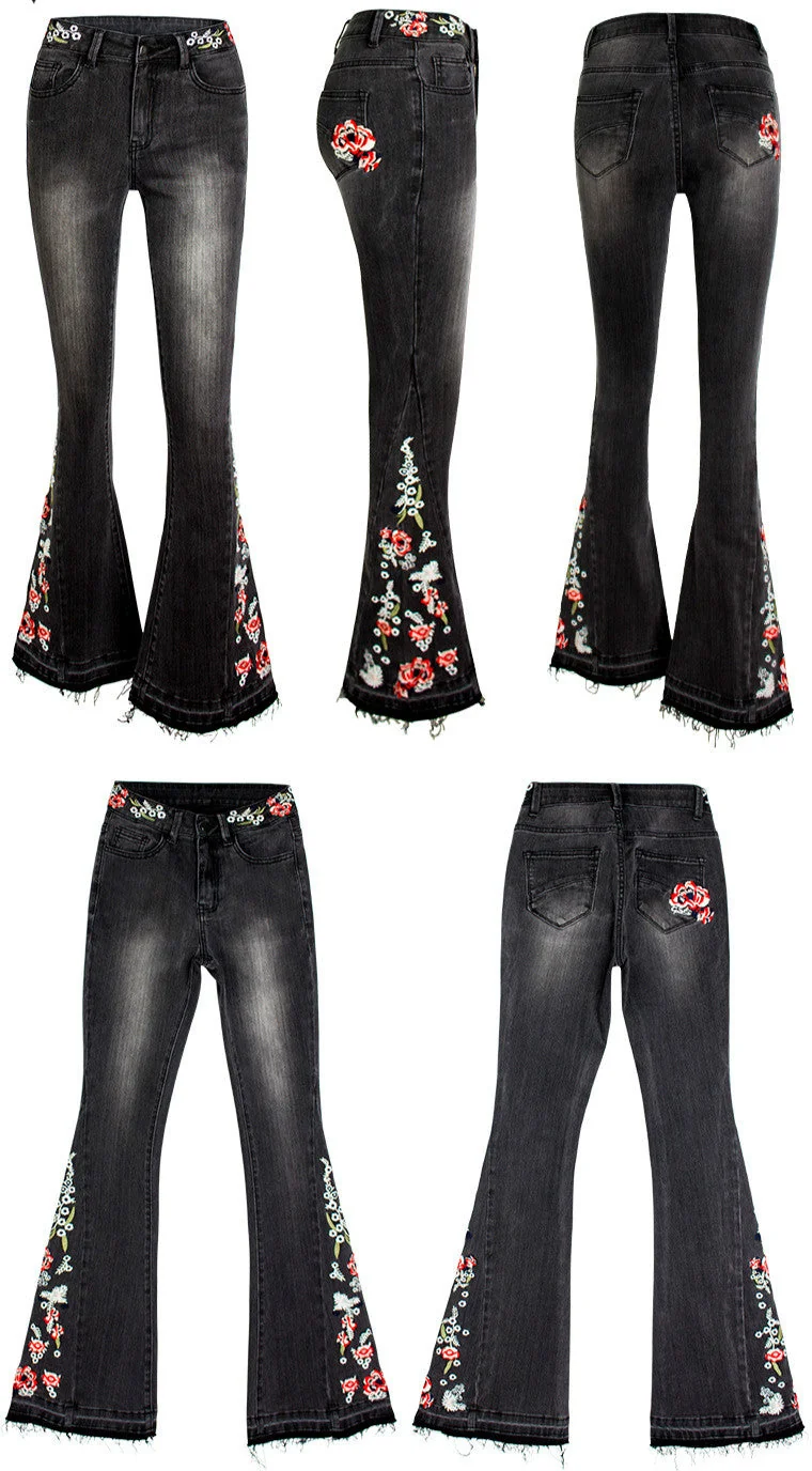 Vintage Embroidery Jeans Woman Elastic Black Jeans Spring Autumn Flare Denim Pants - Image 6