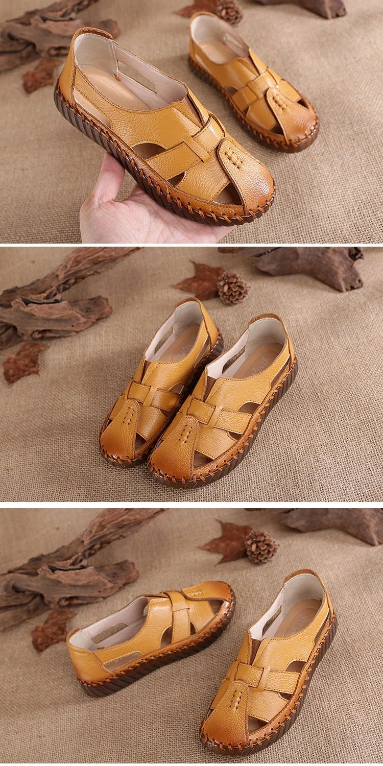 Women Retro Manual Suture Hollow Sandal Loafers - Image 12