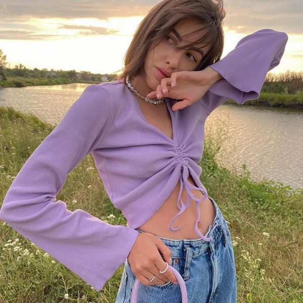 LVINMW V Neck Flare Sleeve Long Drawstring Slim Purple Crop Top Pleated Solid Simple Sweet T Shirts Women Casual Autumn Tops - Takalr