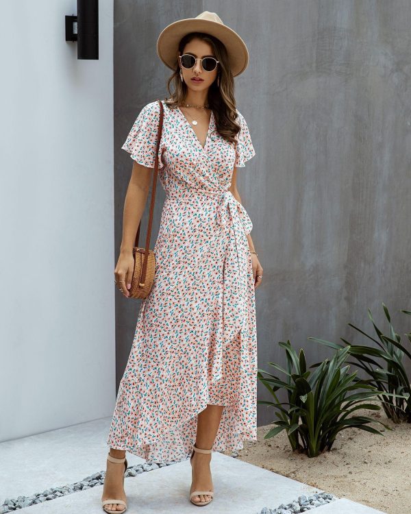 Summer Maxi Dress Women Polka Dot Sexy V Neck Ruffles Short Sleeve Holiday Long Beach Sundress Ladies Lace Up Wrap Party Dresses - Takalr