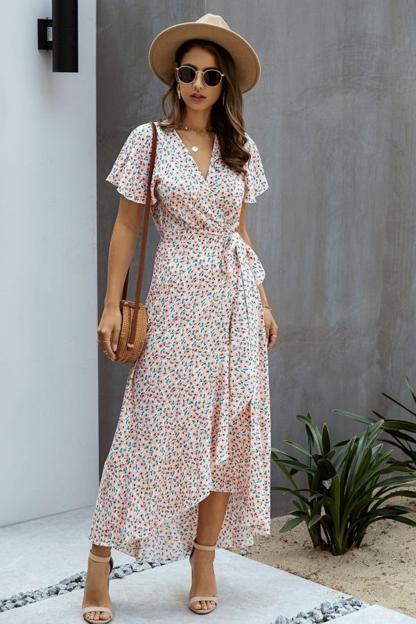 Summer Maxi Dress Women Polka Dot Sexy V Neck Ruffles Short Sleeve Holiday Long Beach Sundress Ladies Lace Up Wrap Party Dresses - Takalr