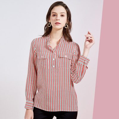 100% Pure Silk Women's Runway Shirts O Neck Long Sleeves Striped Printed Front Pockets Fashion Casual Blouse Shirt