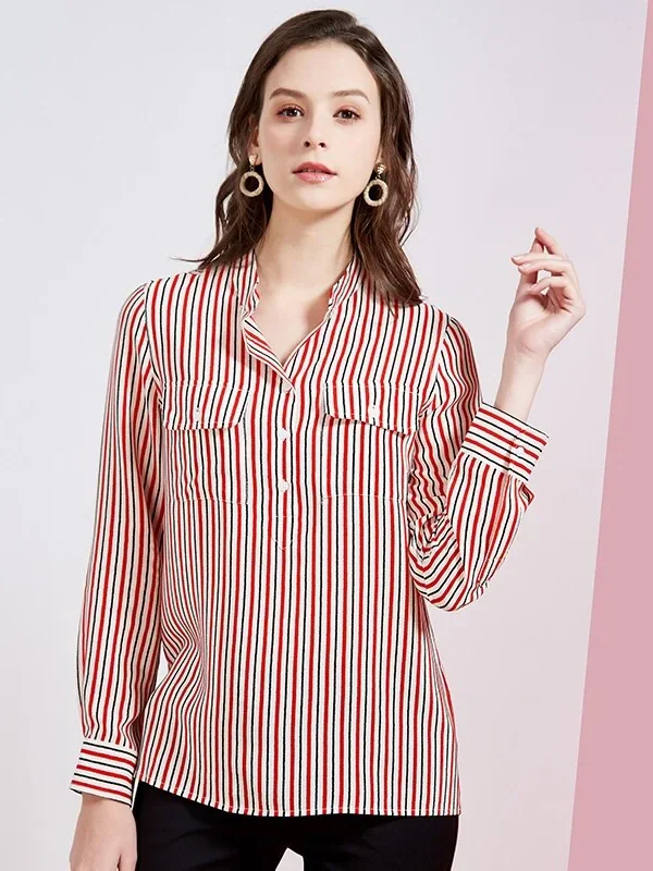 100% Pure Silk Women's Runway Shirts O Neck Long Sleeves Striped Printed Front Pockets Fashion Casual Blouse Shirt