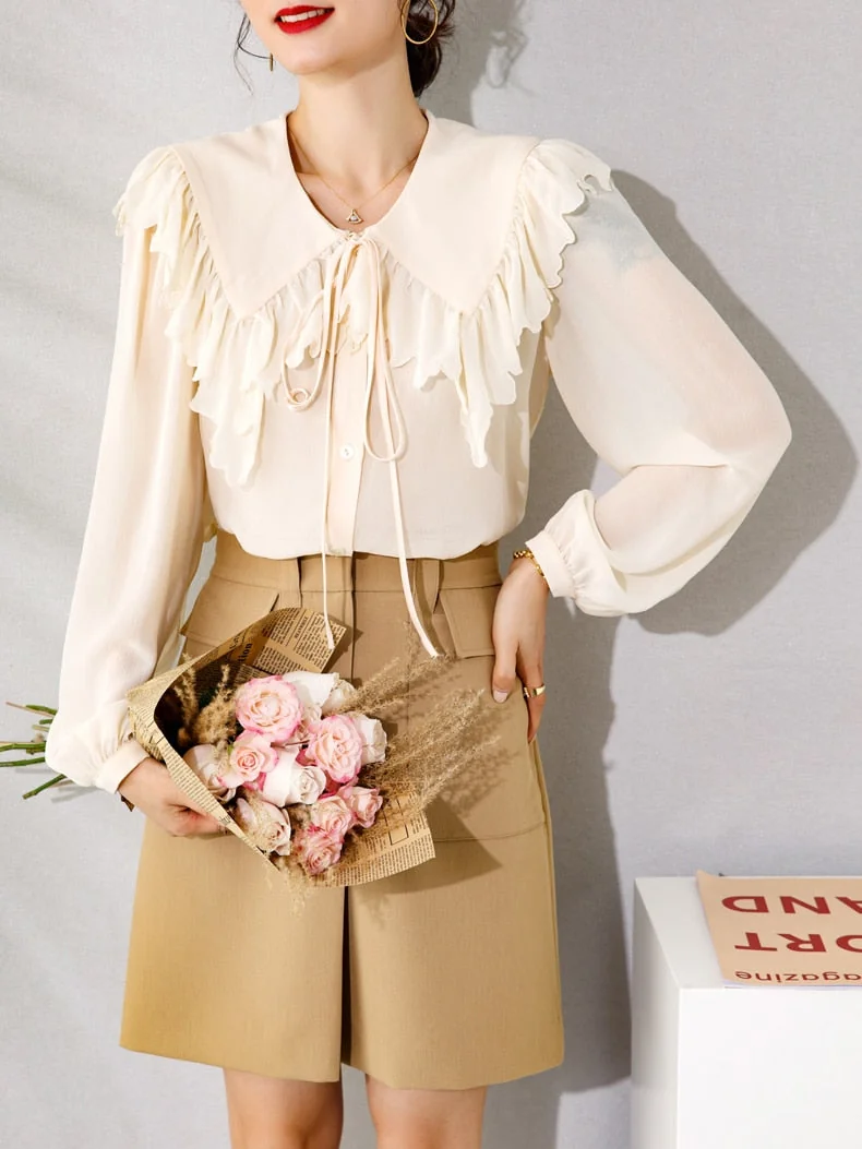 100% Silk Women's Shirt Turn Down Collar Long Sleeves Lace Up Ruffles Elegant Fashion Blouse Tops - Image 2