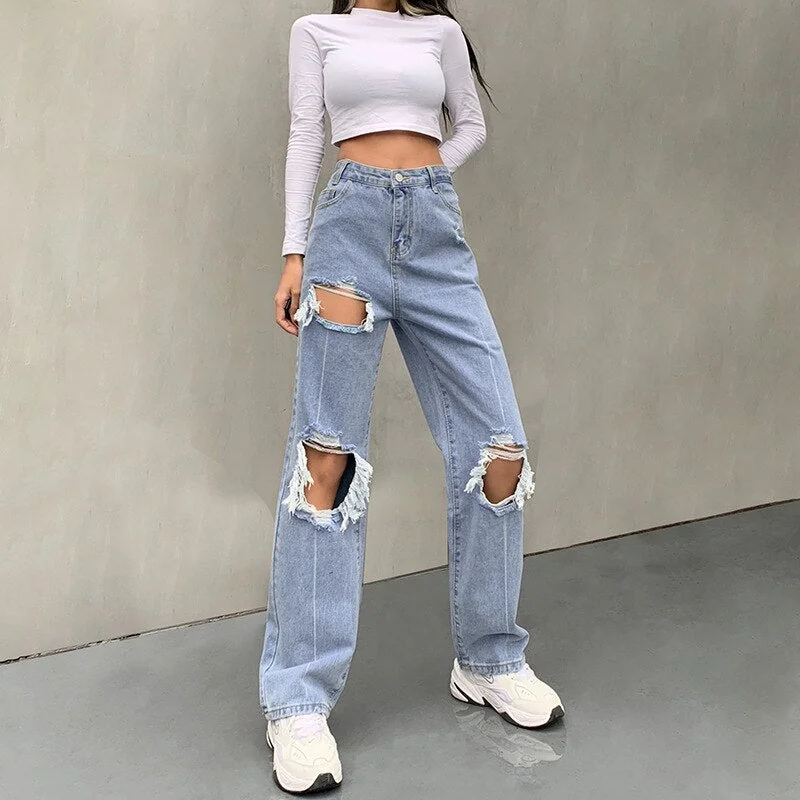 Casual Hollow Out High Waist Pants Woman Button Zipper Solid Straight Baggy Jeans - Image 3