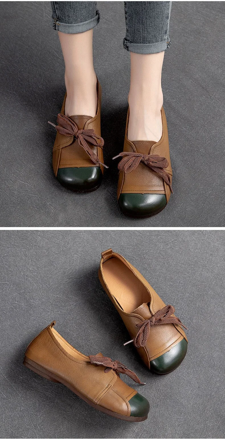 Flats Women Shoes Mixed Colors Genuine Leather Lace-Up Retro Round Toe Shallow Concise Handmade Ladies Shoes - Image 8