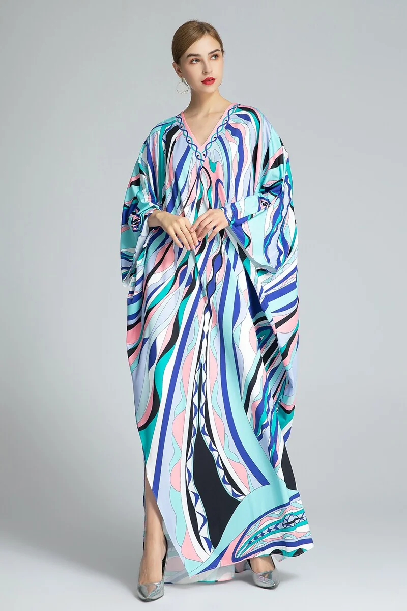 Women's Runway Dresses Sexy V Neck Batwing Sleeves Printed Knitted Loose Design Long Spit Fashion Dresses - Image 5