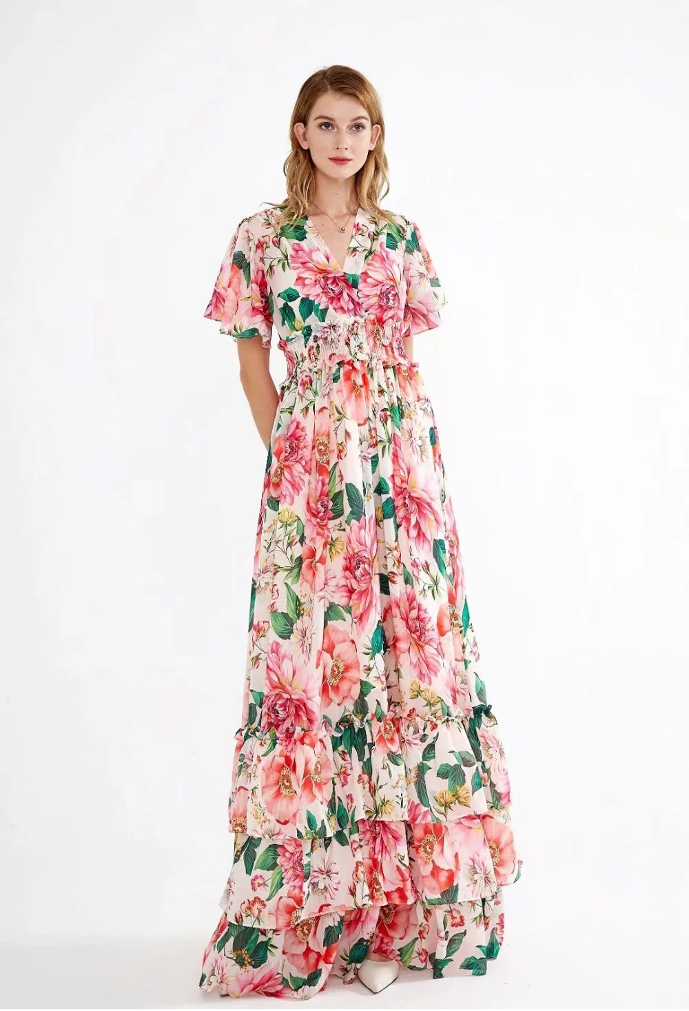 Women's Runway Dresses Sexy V Neck Short Flare Sleeves Floral Printed Tiered Ruffles Fashion Elegant Prom Long Dresses