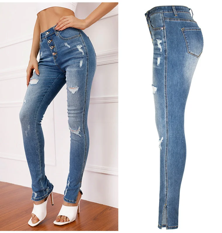 Ripped Mid-waist Stretch Jeans Women's Trousers Pencil Pants Split Hem Destroy Jeans - Image 2