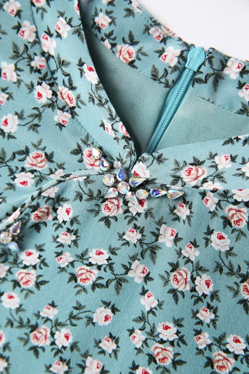 100% Silk Women's Dresses Stand Collar Short Sleeves Printed Floral Asymmetrical Elegant Fashion Dresses - Image 9