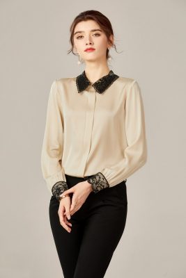 100% Silk Women's Shirt Turn Down Collar Long Sleeves Embroidery Lace Patchwork Fashion Elegant Blouse Tops