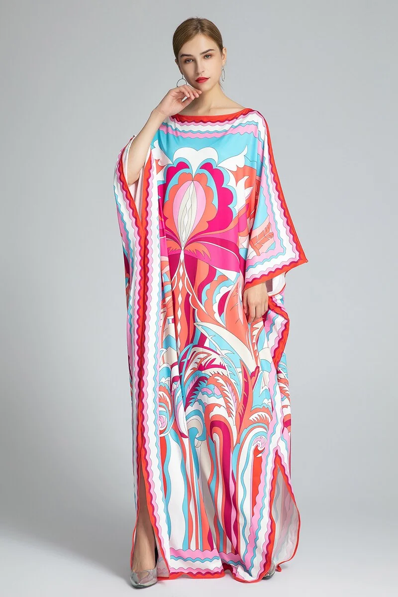 Women's Runway Dresses Slash Neckline Long Batwing Sleeves Printed Loose Design Knitted Elegant Causal Long Dresses Robes - Image 3