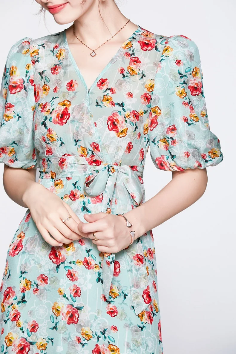 100% Silk Women's Dresses V Neck Short Sleeves Printed Sash Belt Fashion Summer Dress Vestidos - Image 6