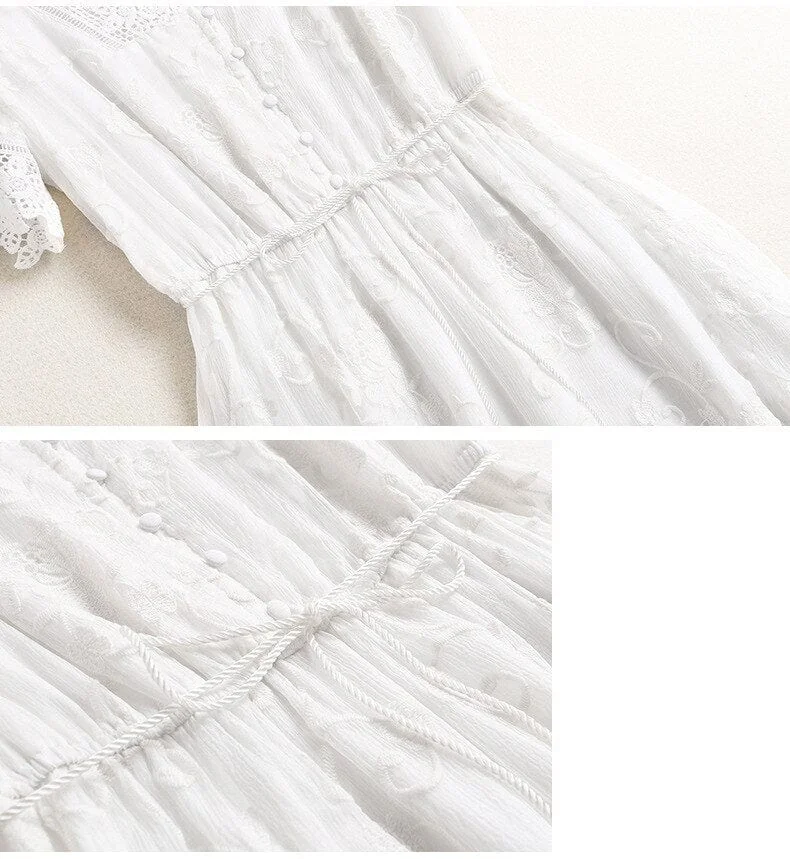 100% Natural Silk Women's Dresses V Neck Short Sleeves Embroidery Lace Up Elegant Summer Dress Vestidos - Image 6
