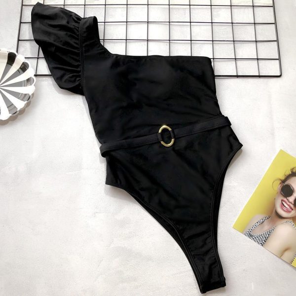 Sexy Solid Color Swimwear Women 2021New Arrival One The Shoulder Ruffles One Piece Swimsuit With Belt Backless Monokini - Takalr