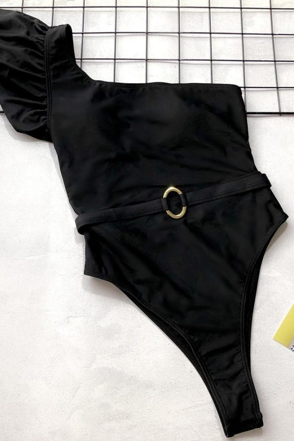 Sexy Solid Color Swimwear Women 2021New Arrival One The Shoulder Ruffles One Piece Swimsuit With Belt Backless Monokini - Takalr