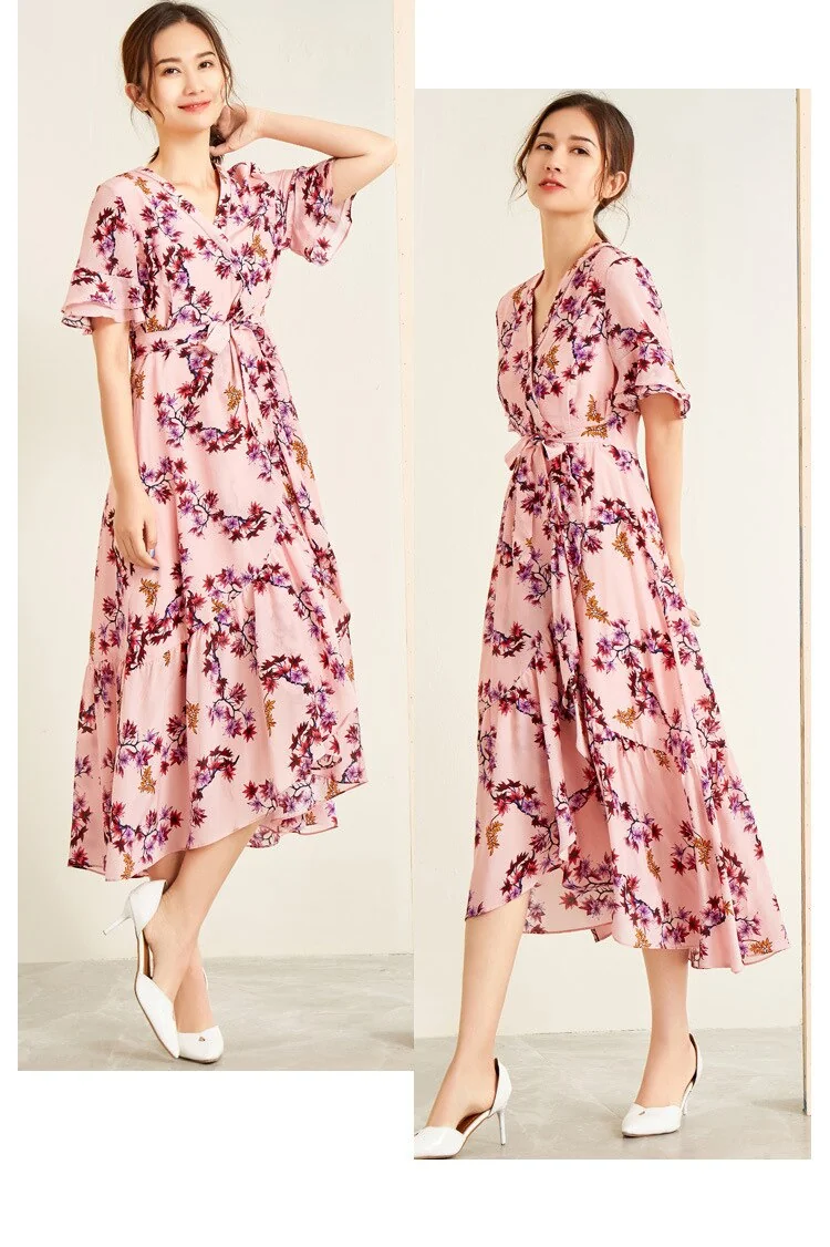 100% Silk Women's Dress Sexy V Neck Ruffles Short Sleeves Printed Asymmetrical Fashion Casual Summer Dresses - Image 5