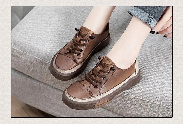 Genuine Leather Retro Women Sneakers Casual Lace Up Flat Ladies Shoes Fashion Breathable Comfort Women's Flat Shoes - Image 5