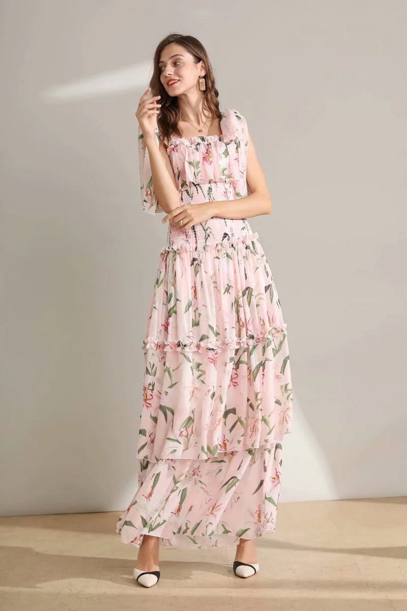 Women's Runway Dresses Spaghetti Straps Floral Printed Elastic Waist Tiered Ruffles Fashion Long Designer Dresses - Image 2