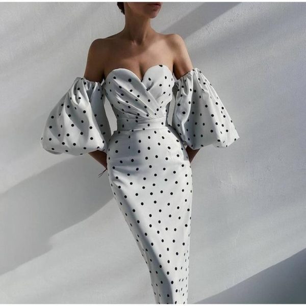 Polka Dot High Waist Midi Dresses Women V-Neck Sweet Long Puff Sleeve Elegant Dress Female 2021 Christmas Lady Party Vestidos - Takalr