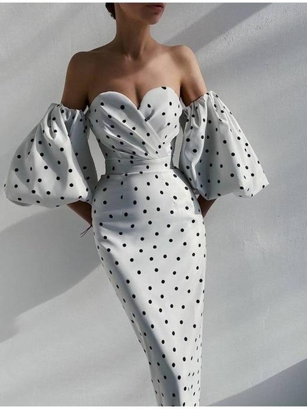 Polka Dot High Waist Midi Dresses Women V-Neck Sweet Long Puff Sleeve Elegant Dress Female 2021 Christmas Lady Party Vestidos - Takalr