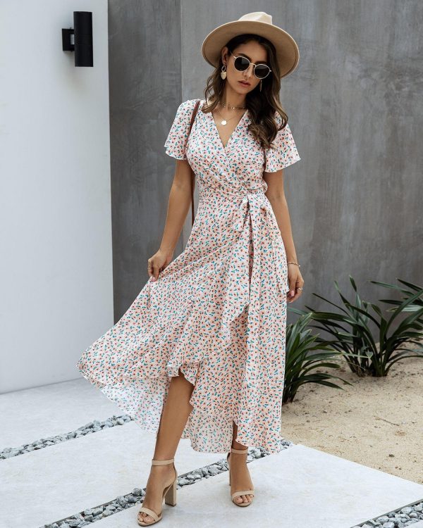 Summer Maxi Dress Women Polka Dot Sexy V Neck Ruffles Short Sleeve Holiday Long Beach Sundress Ladies Lace Up Wrap Party Dresses - Takalr