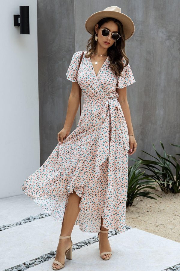 Summer Maxi Dress Women Polka Dot Sexy V Neck Ruffles Short Sleeve Holiday Long Beach Sundress Ladies Lace Up Wrap Party Dresses - Takalr