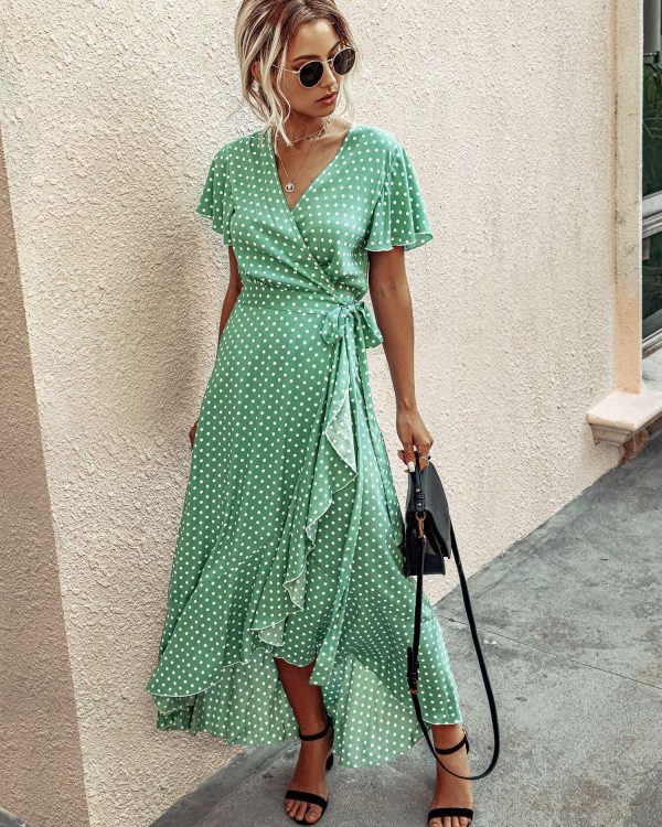 Summer Maxi Dress Women Polka Dot Sexy V Neck Ruffles Short Sleeve Holiday Long Beach Sundress Ladies Lace Up Wrap Party Dresses - Takalr