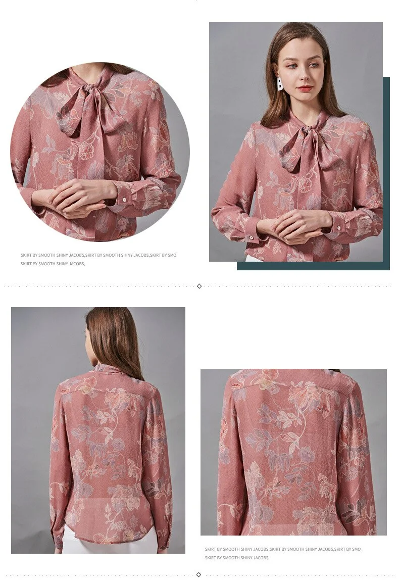 100% Silk Women's Shirt Bow Collar Long Sleeves Floral Printed Fashion Blouse Camisa Tops - Image 6