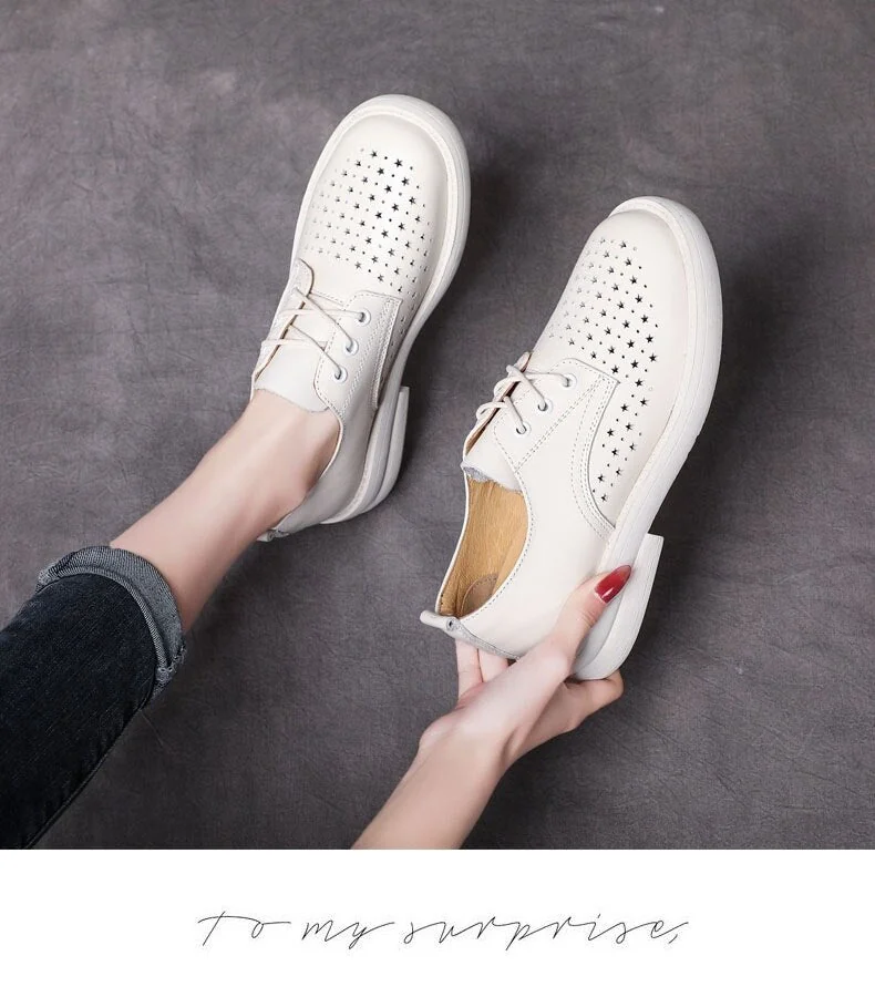 Women Flat Shoes Lace Up Moccasins Soft Genuine Leather Ladies Shoes Handmade Flats Hollow Casual Women Shoes - Image 9