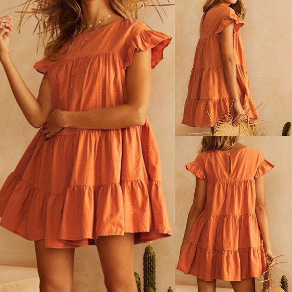 Women Casual Ruffle O Neck Short Sleeve Dress - Takalr