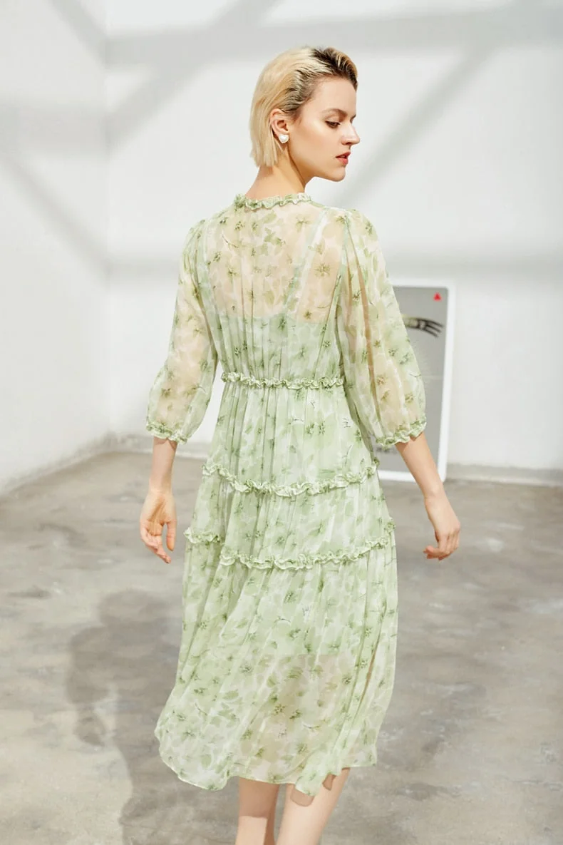 100% Heavy Silk Women's Runway Dresses O Neck 3/4 Sleeves Printed Tiered Ruffles Fashion Casual Mid Calf Dresses - Image 6