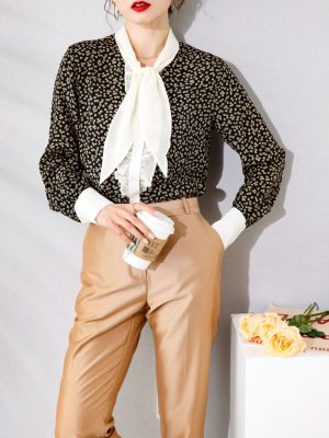 100% Silk Women's Shirt Lace Up Bow Collar Ruffles Long Sleeves Printed Fashion Casual Blouse Tops