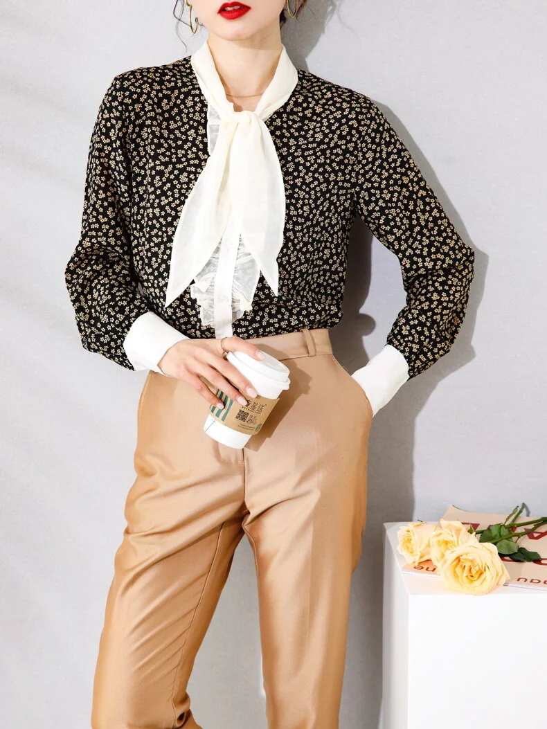 100% Silk Women's Shirt Lace Up Bow Collar Ruffles Long Sleeves Printed Fashion Casual Blouse Tops