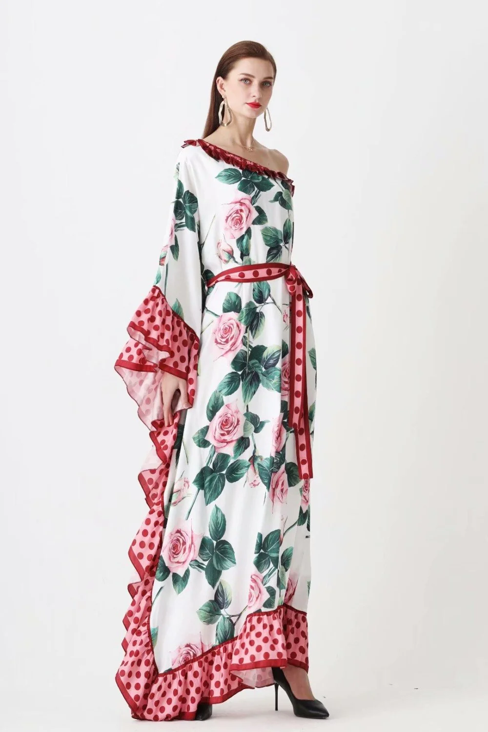 Women's Runway Dresses Sexy One Shoulder Ruffles Floral Printed Sash Belt Loose Design Fashion Long Maxi Bohemian Dresses