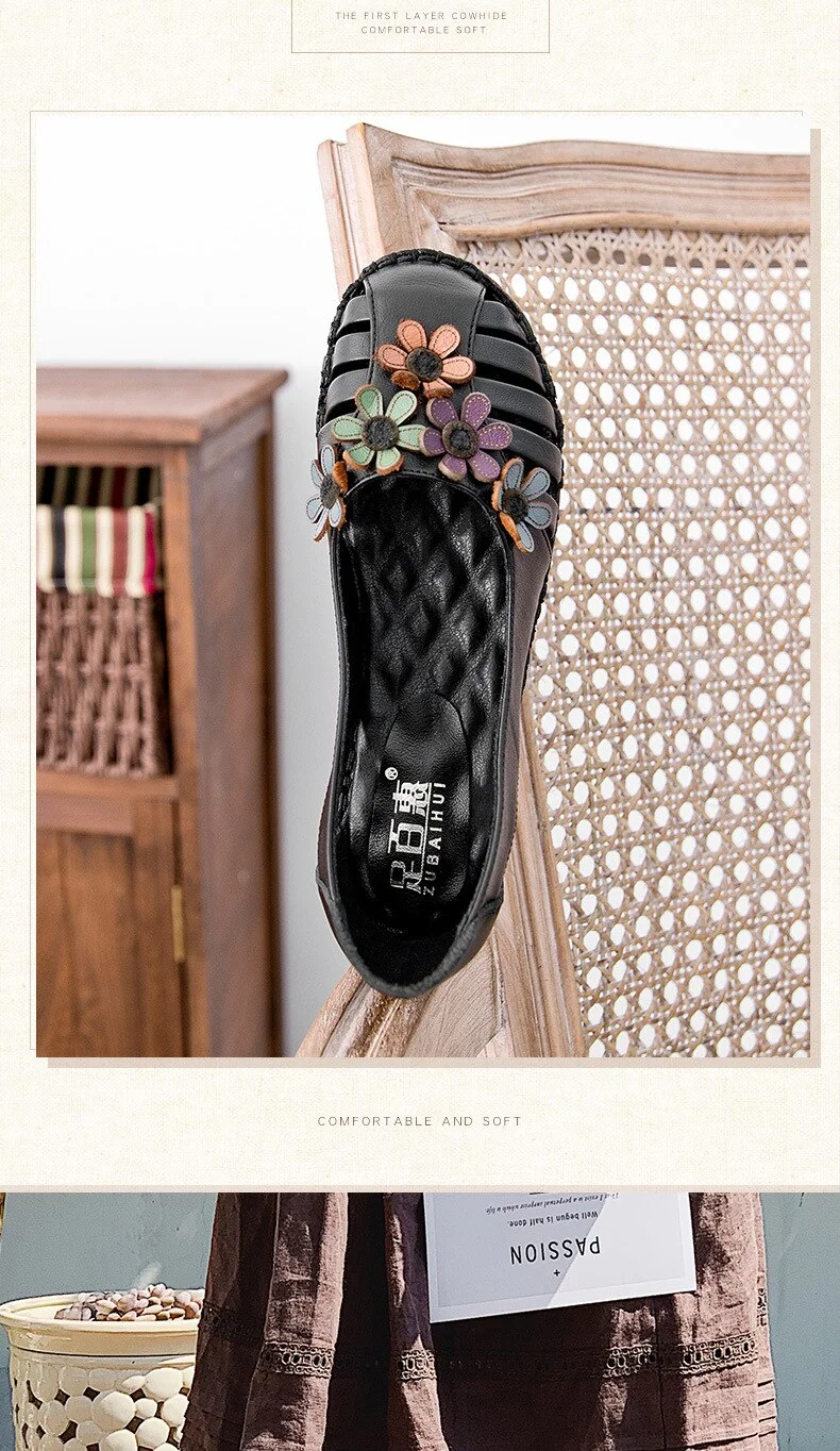 Genuine Leather Ladies Flat Summer Shoes Woman Slip On Casual Loafers With Flowers Round Toe Soft Comfort Sandals Female - Image 5