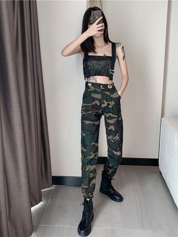 Women Suspenders Military Camouflage Pants Ladies Army High Waist Sweatpants Loose Camo Pants Trousers Hip Pop Street Joggers - Takalr