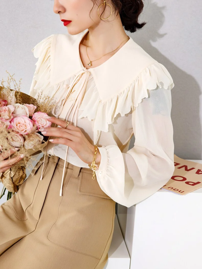 100% Silk Women's Shirt Turn Down Collar Long Sleeves Lace Up Ruffles Elegant Fashion Blouse Tops - Image 13