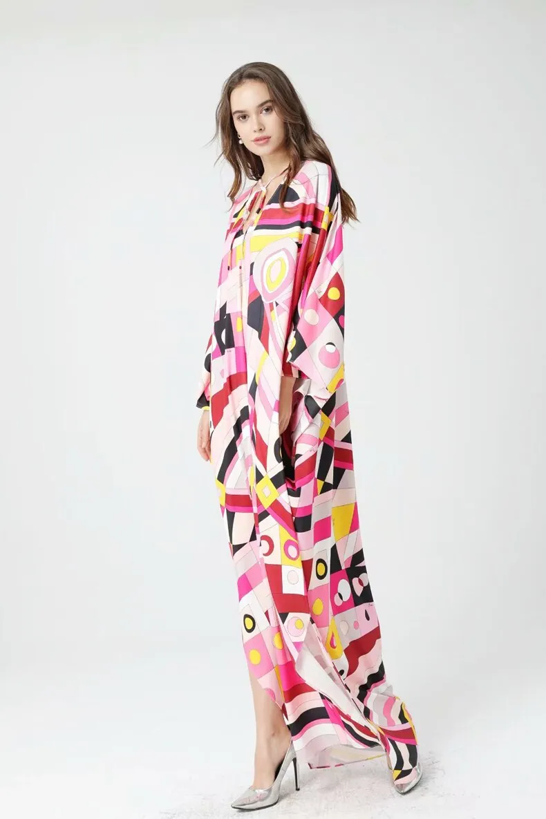 Women's Runway Dresses O Neck Batwing Sleeves Printed Lace Up Elegant Long Spring Robes Dresses Vestidos - Image 3