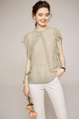 100% Silk Women's Shirt O Nech Short Sleeves Ruffles Printed Fashion Pullover Casual Blouse Shirt