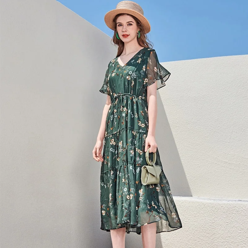 100% Silk Women's Runway Dresses Sexy V Neck Flare Short Sleeves Printed Tiered Ruffles Fashion Summer Holiday Dresses - Image 3