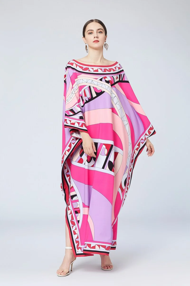 Women's Runway Loose Design Dresses Slash Neckline Batwing Sleeves Multicolor Printed Elegant High Street Maxi Dresses - Image 2