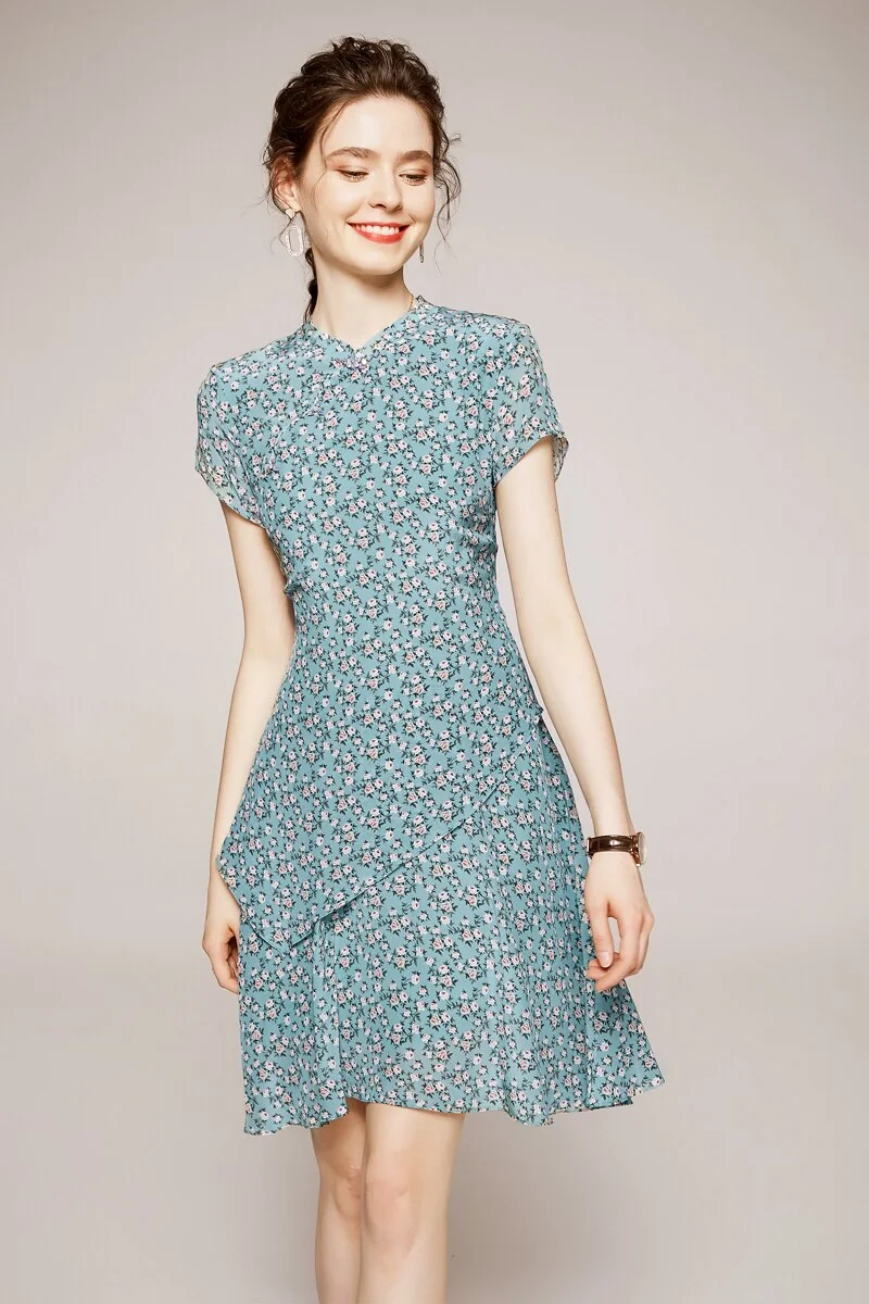 100% Silk Women's Dresses Stand Collar Short Sleeves Printed Floral Asymmetrical Elegant Fashion Dresses - Image 2