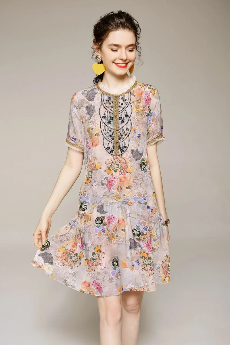 100% Women's Runway Dresses O Neck Ruffles Short Sleeves Embroidrey Lace Patchwork Printed Fashion Floral Dresses - Image 3