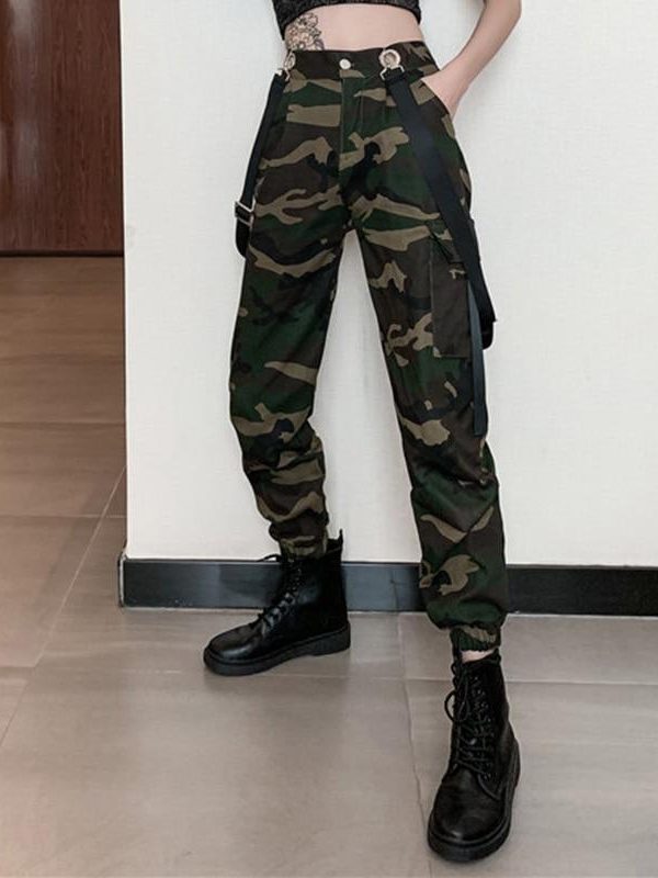 Women Suspenders Military Camouflage Pants Ladies Army High Waist Sweatpants Loose Camo Pants Trousers Hip Pop Street Joggers - Takalr